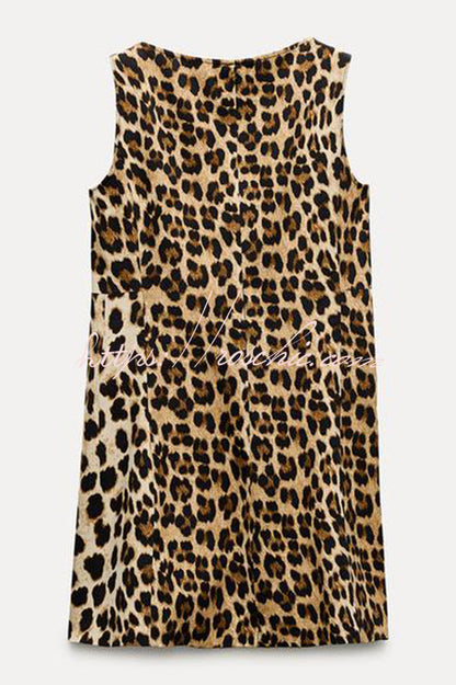 Leopard Print Round Neck Sleeveless Slim Fit Hip Mini Dress