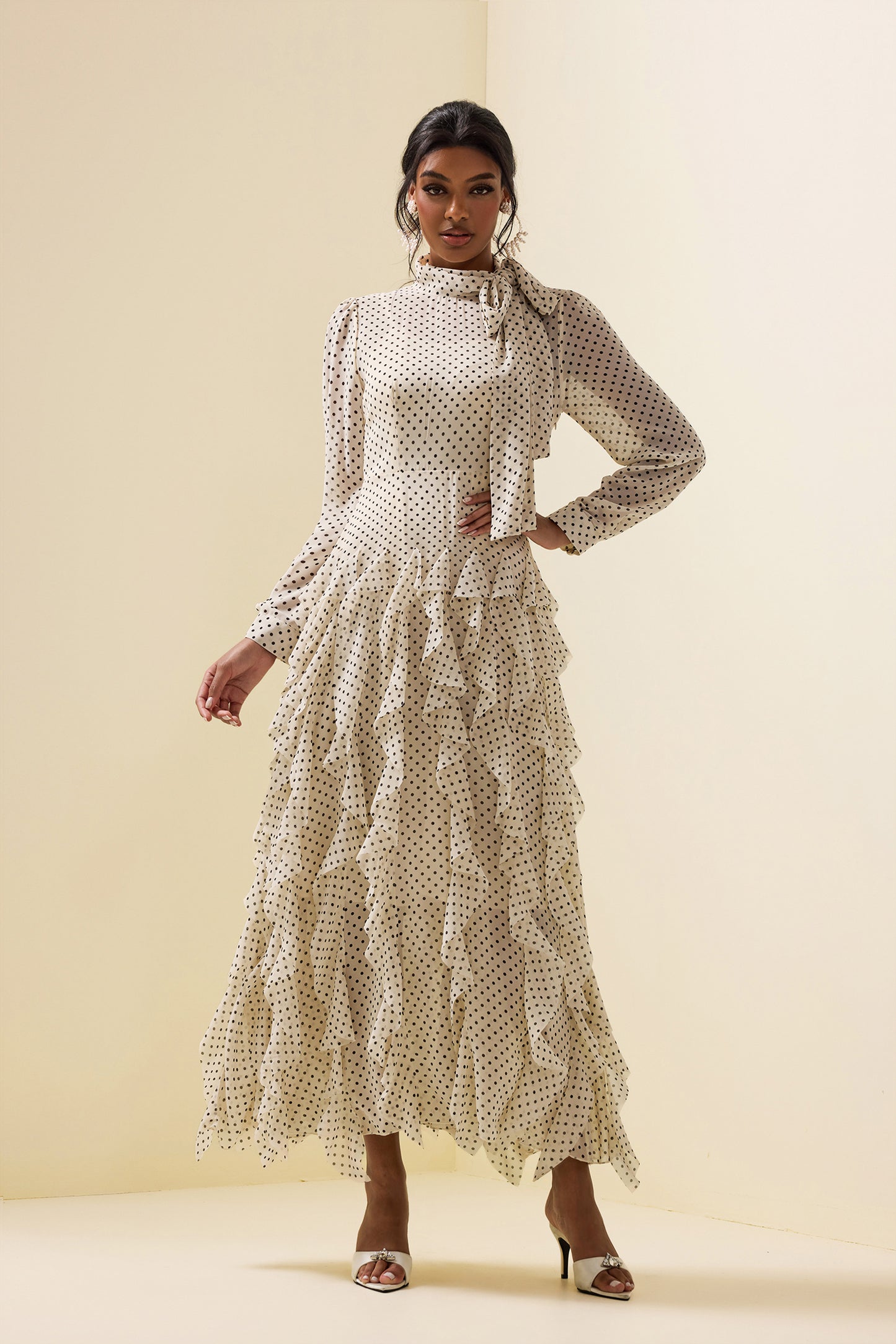 Polka Dot Frill Lace-Up Midi Dress