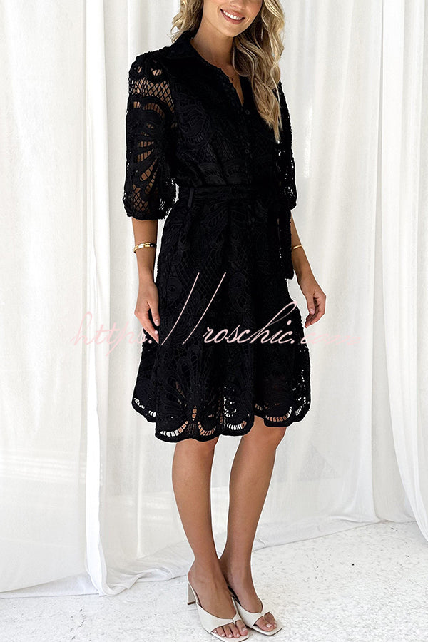 Solid Color Lace Cutout Balloon Sleeves and Waist Tie Mini Dress