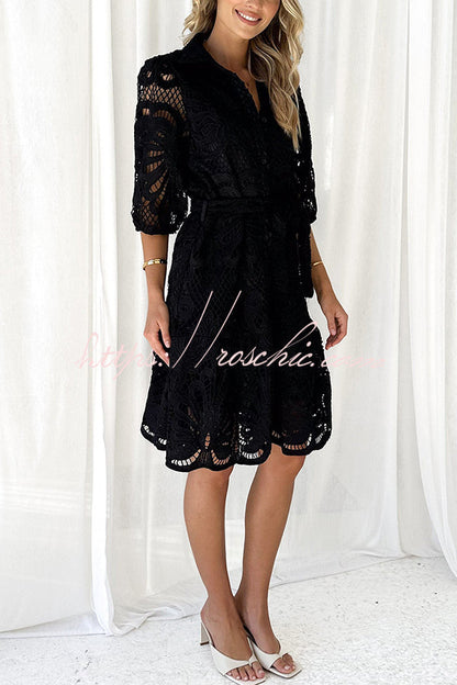 Solid Color Lace Cutout Balloon Sleeves and Waist Tie Mini Dress