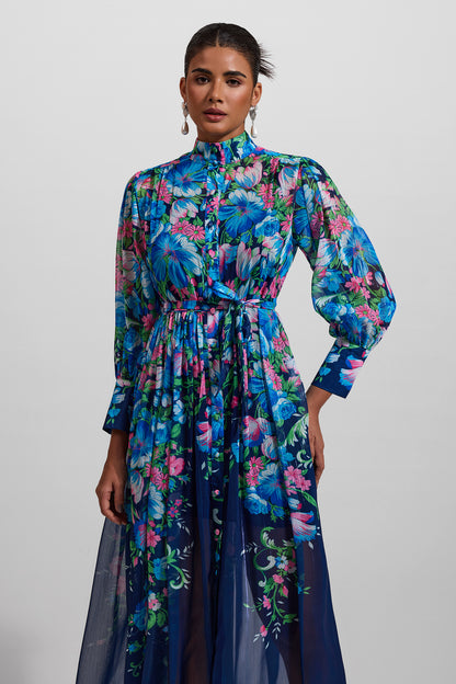 Floral Stand Collar Long Sleeve Midi Dress