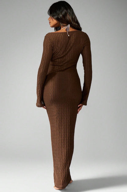 Scoop Neck Keyhole Tie Front Bell Cuff Crinkle Knit Bodycon Maxi Dress