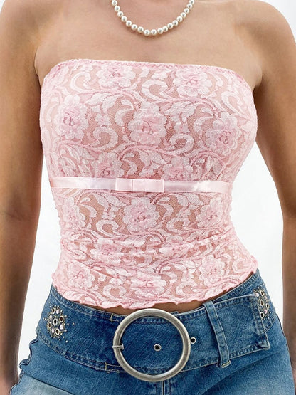 Lace Print Bow Decor Slim Bandeau Top