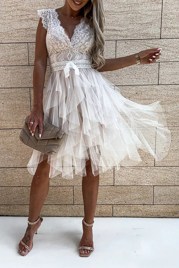 Lace V-Neck Flutter Cap Sleeve Bow Waist Tiered Tulle Ruffle Mini Dress