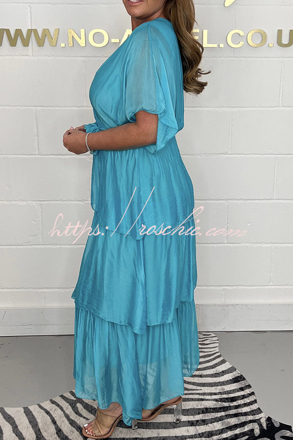 Queen Retro Silk Ruffle Belted Tiered Maxi Dress