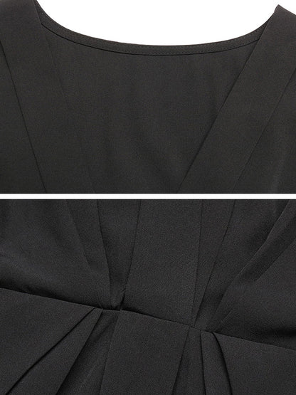 Loose Raglan Sleeve Elasticity Pleated Solid Color Split-Joint V-Neck Mini Dresses