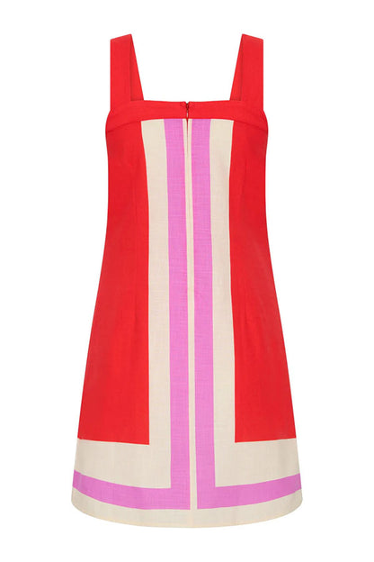 Mika Linen Blend Contrast Color Lines Square Neck Loose Mini Dress