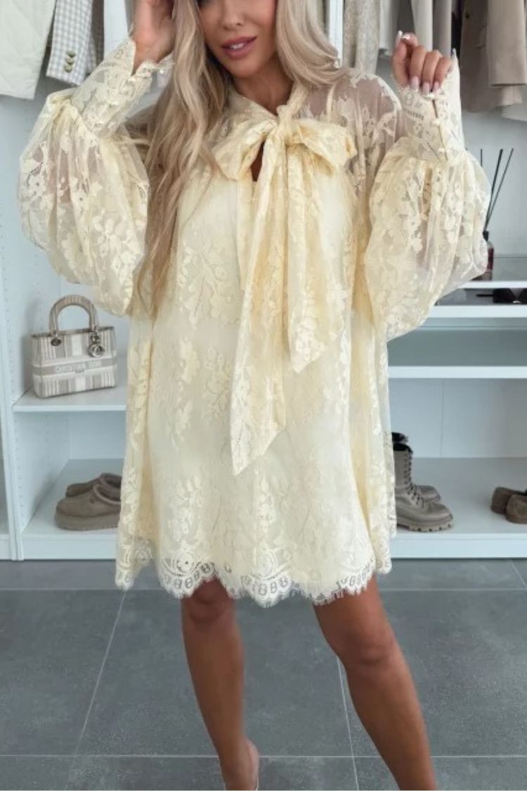 Lace Pussy Bow Tie Neck Balloon Sleeve Button Cuff Babydoll Mini Dress