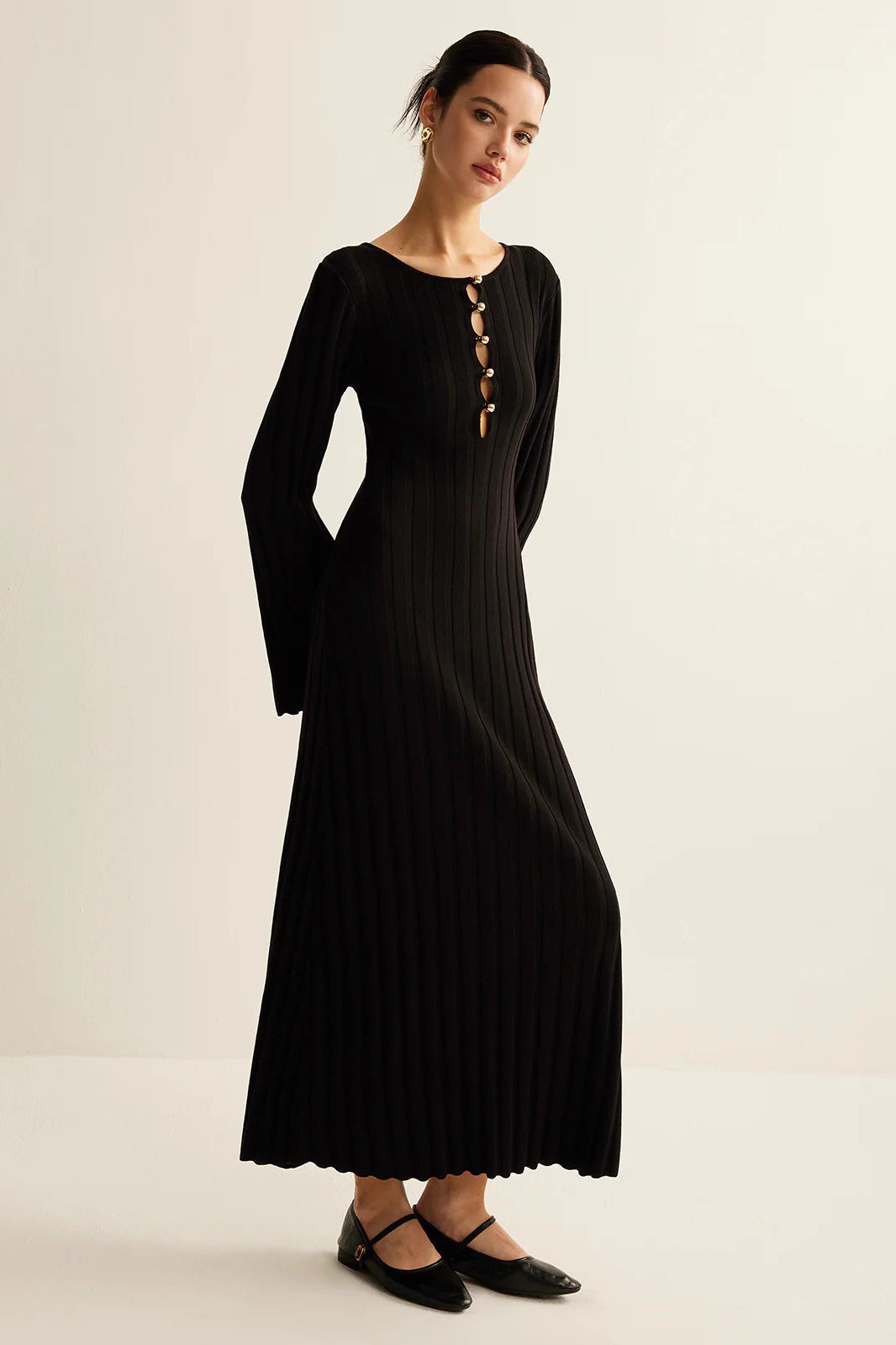 Crew Neck Button Front Keyhole Rib Knit Bell Sleeve Maxi Sweater Dress