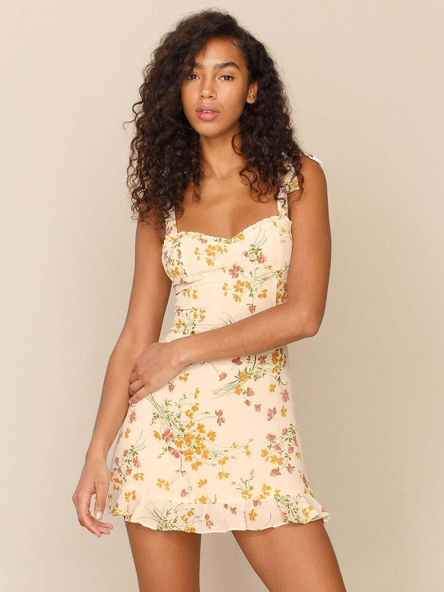 Mini Dresses Ecru White Floral Print Sleeveless Chiffon Short Dress