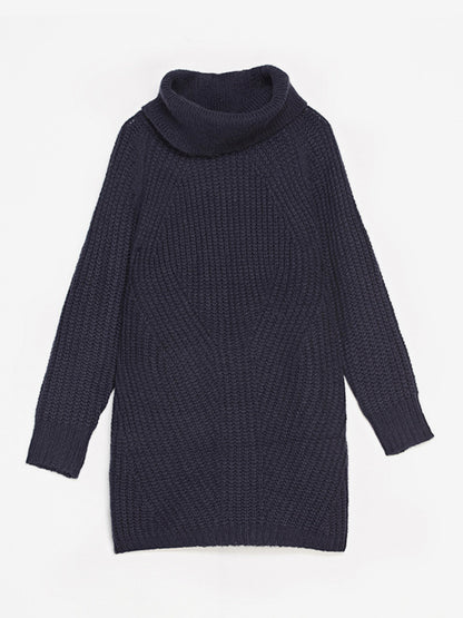 Slouchy Knitted Dress Turtleneck Long Sleeves Ribbed Cuff Mini Dresses