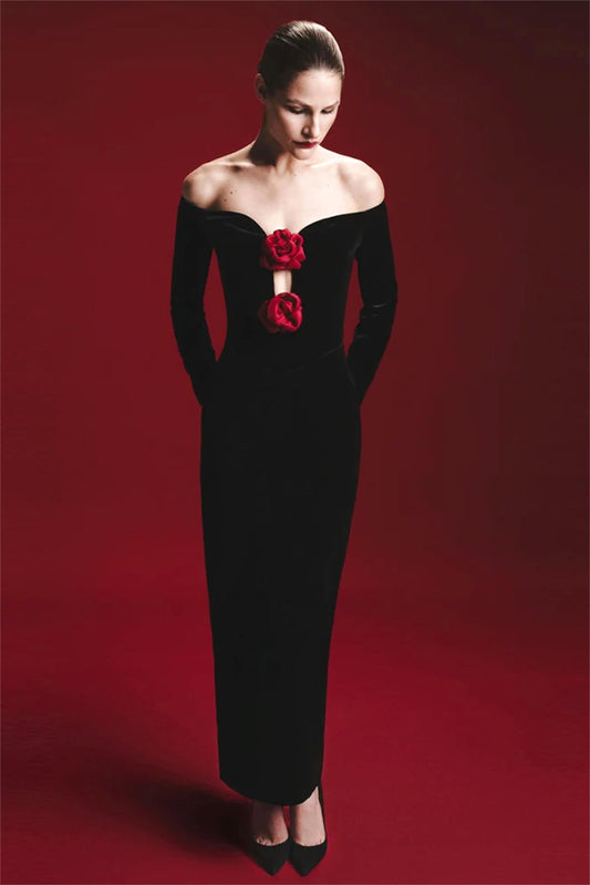 3D Flower Velvet Off-Shoulder Midi Dress