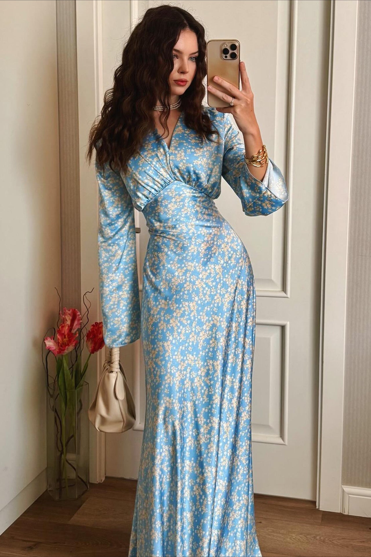 Deep V Neck Bell Sleeve Scattered Floral Satin Maxi Gown