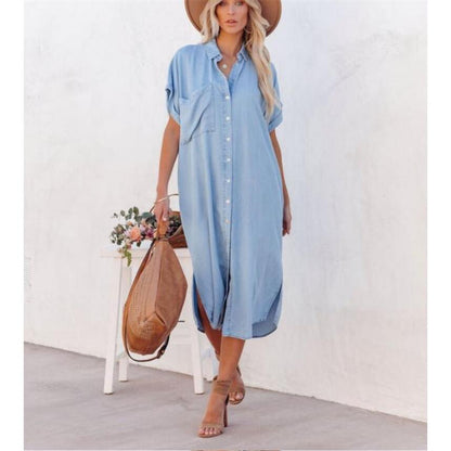 Denim Short Sleeve Maxi Dress in Blue for Stylish Comfort