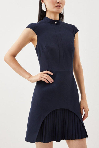 Mock Neck Cap Sleeve Asymmetrical Pleated Overlay Mini Dress