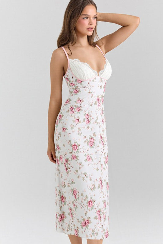Lace Cup V Neck Floral Print Slip Maxi Dress