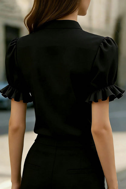 Solid Color Lace Patchwork Stand Collar Puff Sleeve Casual Shirt