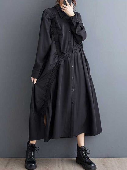 A-Line Long Sleeves Asymmetric Buttoned Elasticity Pleated Pockets Solid Color Lapel Midi Dresses Shirt Dress
