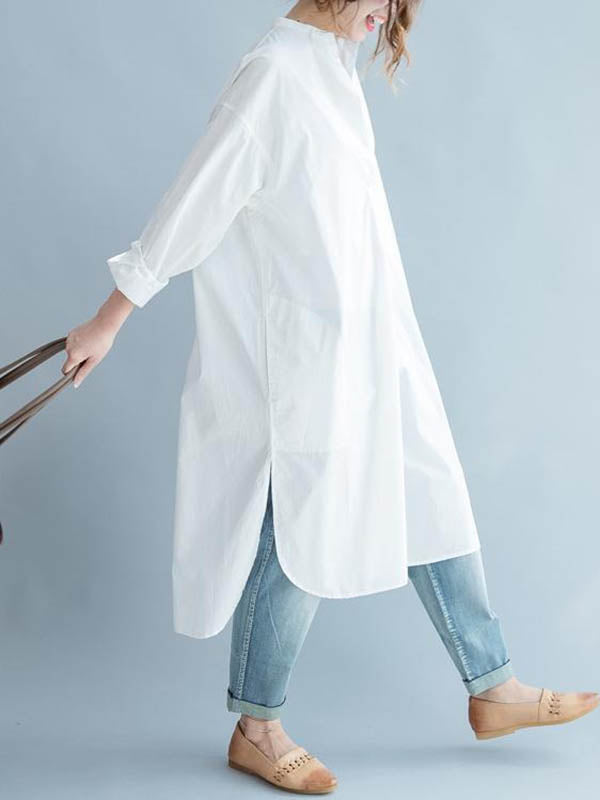 High-Low Long Sleeves Buttoned Solid Color Split-Side Lapel Midi Dresses Shirt Dress