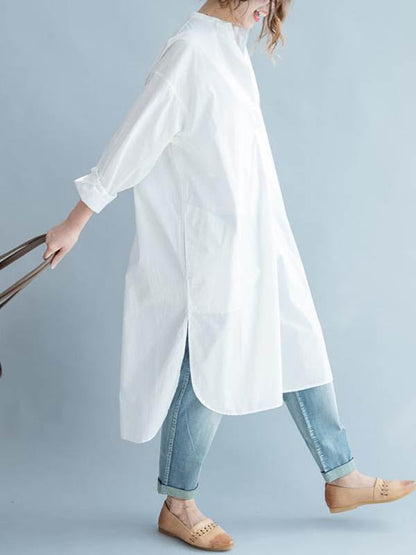 High-Low Long Sleeves Buttoned Solid Color Split-Side Lapel Midi Dresses Shirt Dress