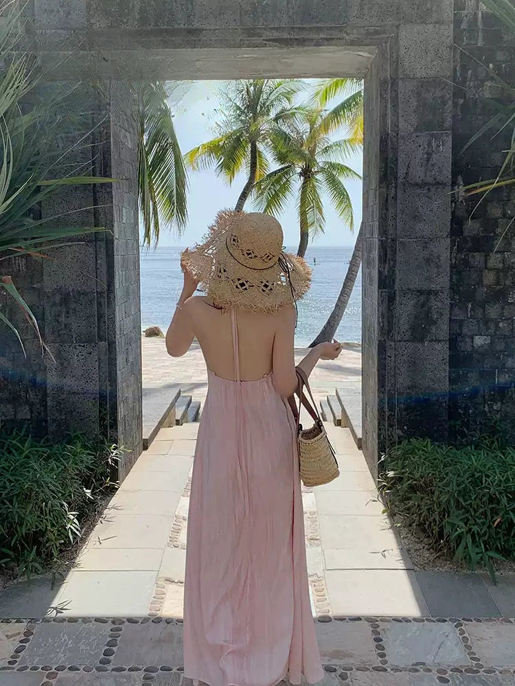 Pink Floral Halter Maxi Dress