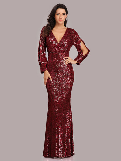 Sequin Party Dresses V-Neck Long Sleeve Birthday Semi Formal Maxi Dress