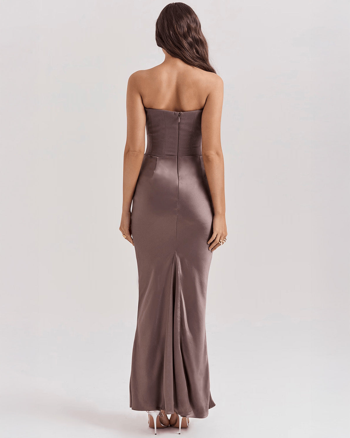 Strapless Pointed Sweetheart Corset Bodice Draped Hip Column Maxi Gown