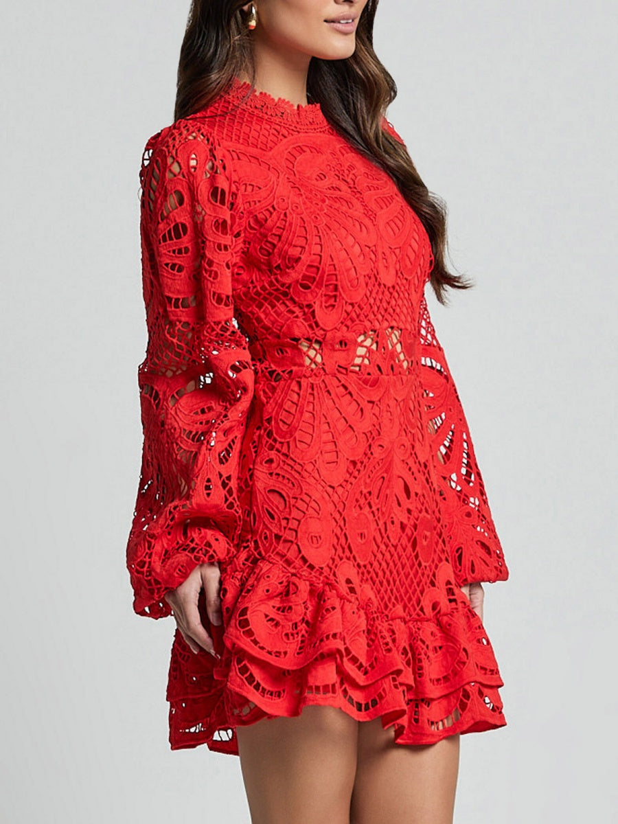 Lantern-style Long-sleeved, Fitted A-line Dress With Ruffled Hem And Water-soluble Lace.