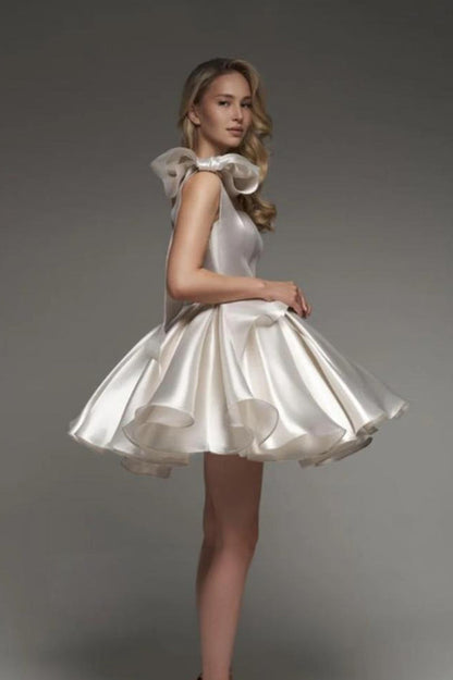 Strapless Puff Shoulder Ruffle Satin Pleated Cupcake Mini Dress