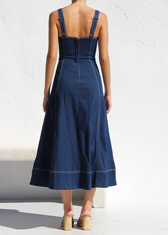Denim Sweetheart Neck Button Front Patch Pocket A-Line Midi Dress