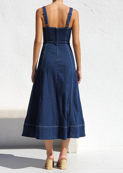 Denim Sweetheart Neck Button Front Patch Pocket A-Line Midi Dress