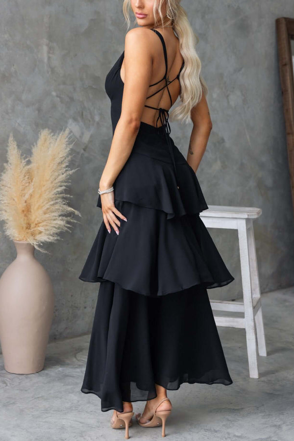Solid Color V-neck Sleeveless Elegant Layered Maxi Dress