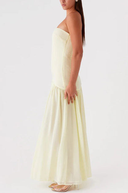 Strapless Bandeau Drop-Waist Gathered Chiffon High-Slit Maxi Gown