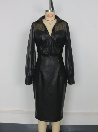 Mesh Patchwork V-Neck Faux Leather Slim Fit Puff Sleeve Midi Dress In Black For Women 2026