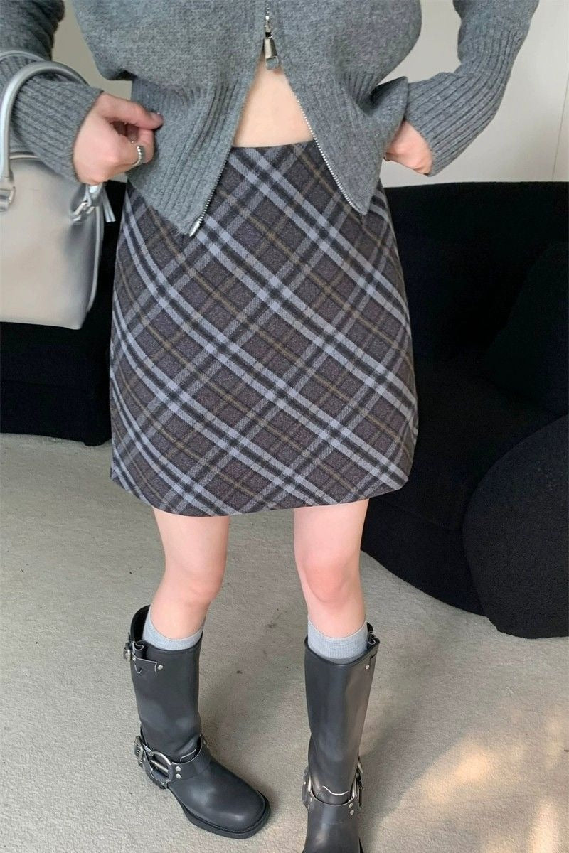 Tweed Plaid Vintage High Waist Fitted Short Skirt
