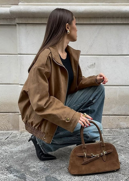 Sienna Faux Suede Bomber Jacket – Oversized Zip-Up with Drop Shoulders