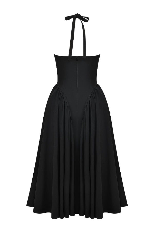 Deep V-Neck Halter Pointed Bodice Fit-and-Flare Midi Dress