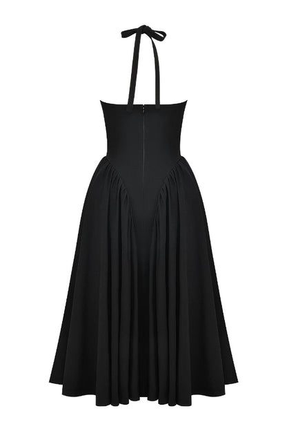Deep V-Neck Halter Pointed Bodice Fit-and-Flare Midi Dress