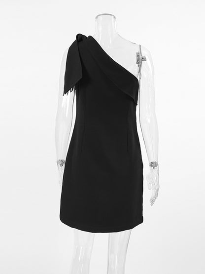 Loose Sleeveless Solid Color Split-Joint Tied Zipper One-Shoulder Mini Dresses
