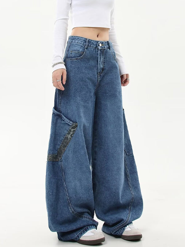 American Retro Leopard Print Stitching Boyfriend Jeans