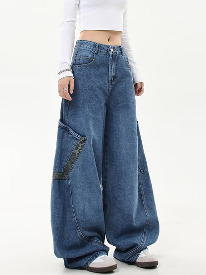 American Retro Leopard Print Stitching Boyfriend Jeans