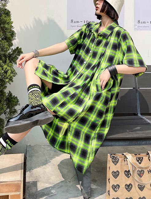 Elegant Green Plaid Cotton Buttonlow high design Summer Maxi Dresses