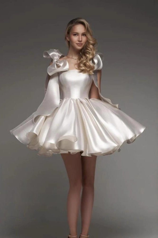 Strapless Puff Shoulder Ruffle Satin Pleated Cupcake Mini Dress