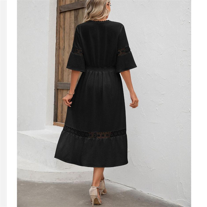 Solid Color V-Neck Hollow Lace Maxi Dress for Women