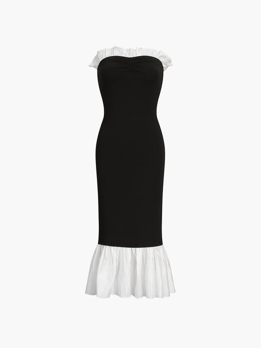 Ruffle Hem Patchwork Midi Dress