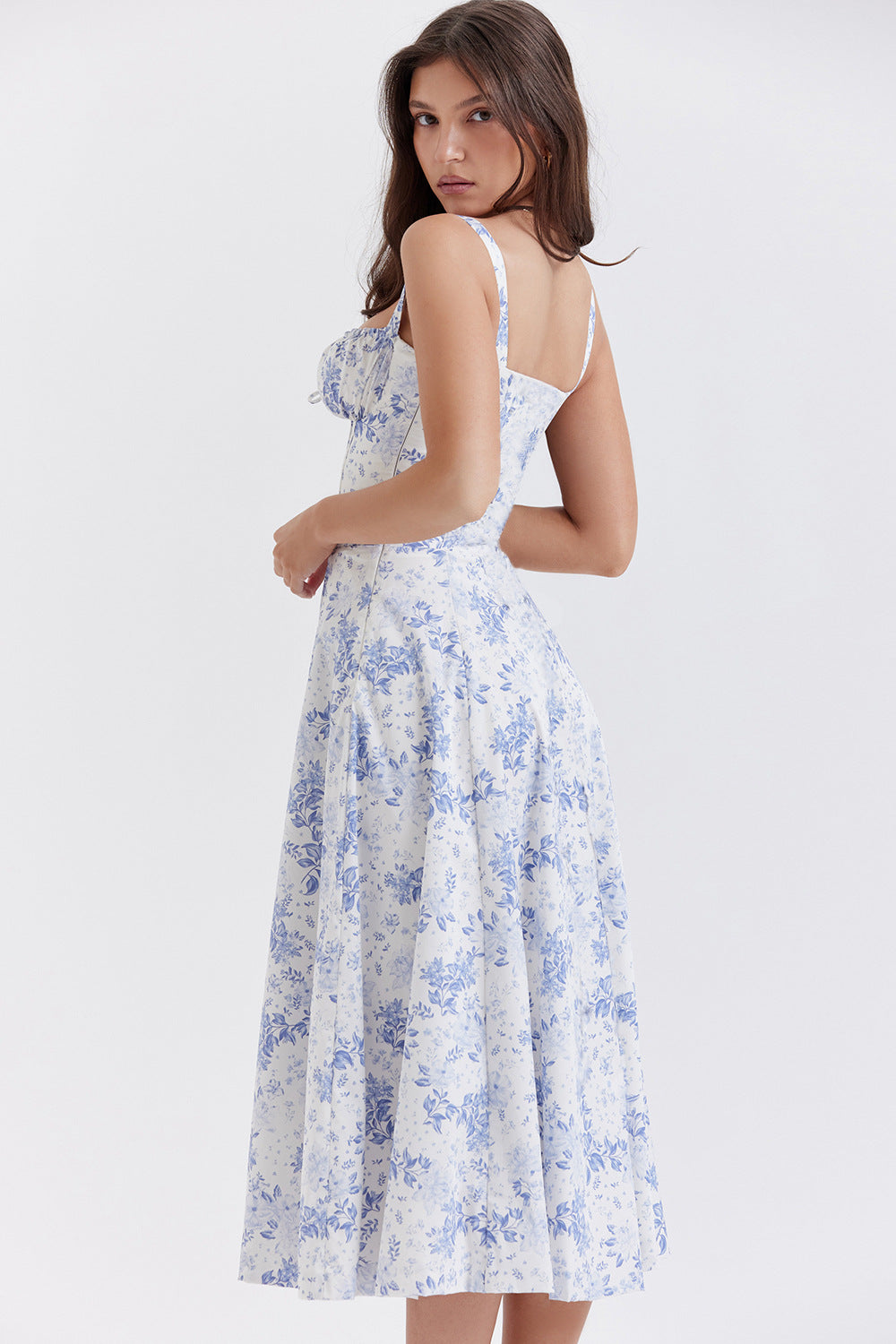 Corset Bodice Ruched Bust Tie-Front Flared Strap Midi Dress