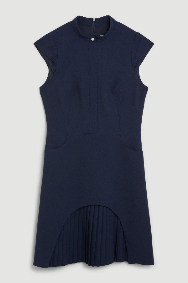Mock Neck Cap Sleeve Asymmetrical Pleated Overlay Mini Dress