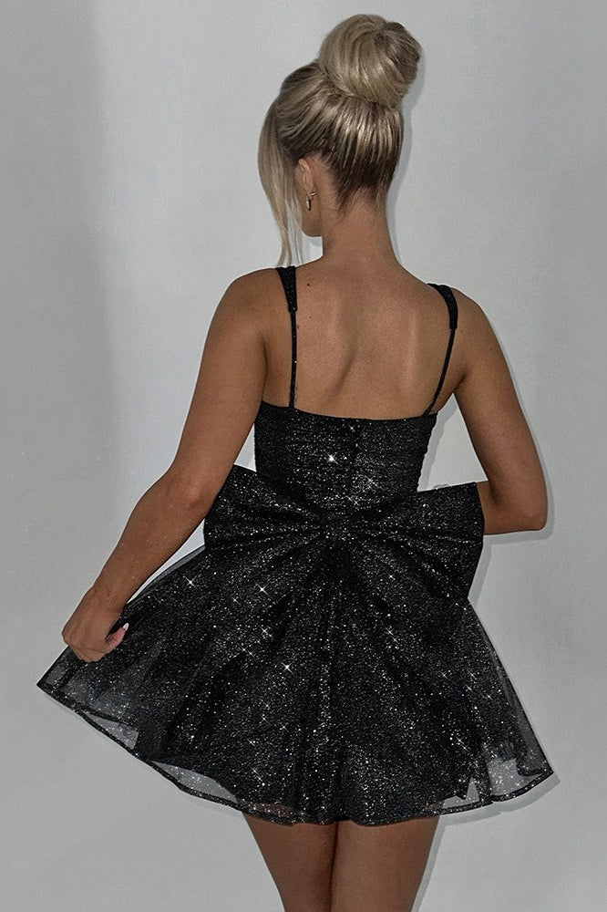 Sweetheart Neck Glitter Corset Bodice Back Bow A-Line Mini Dress
