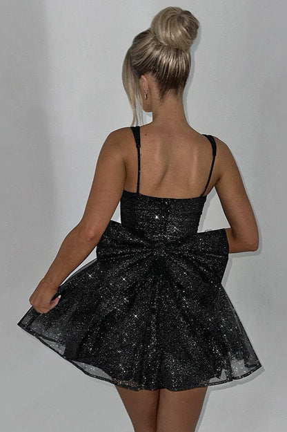 Sweetheart Neck Glitter Corset Bodice Back Bow A-Line Mini Dress