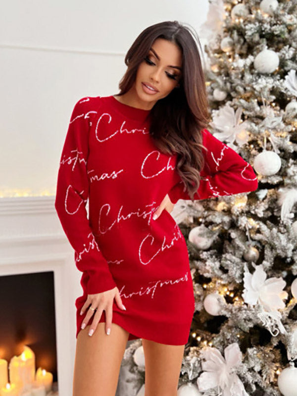 Sweater Dress Round Neck Letter Printed Mini Dresses In Cherry Red